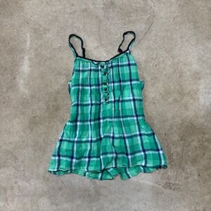 Gap Womens Green Blue Plaid Camisole Top Size M Crochet Trim Henley Button Front